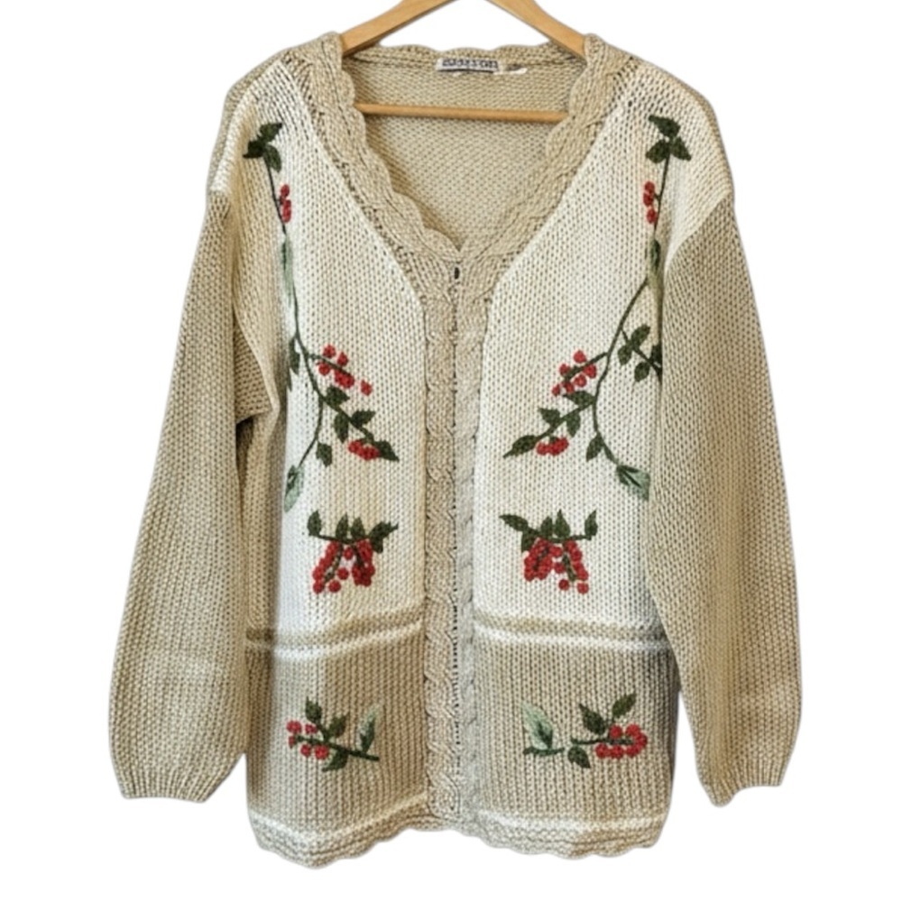 Vintage Handmade Knit floral scallop edge Sweater V neck XL